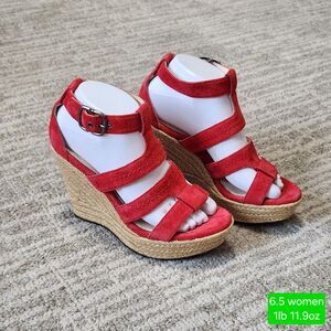 UGG Lauri espadrille platform wedge sandals red suede size 6.5